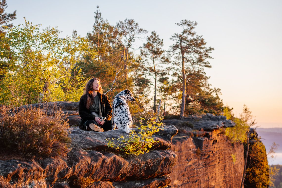 Dalmatiner und Frauchen im Elbsandsteingebirge