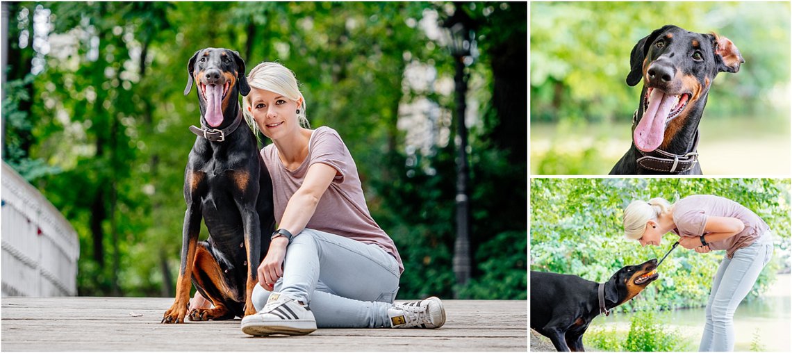 Hundefoto von Hund und Mensch Dobermann Portrait mit Frauchen