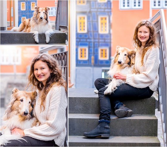 Hundefoto von Langhaar Colli und Hundehalter in der Stadt Fotograf Dresden