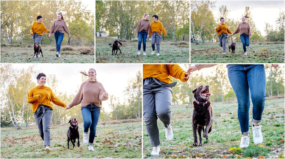 Labrador und Frauchen rennt über Wiese bei Hundefotoshooting in Dresden