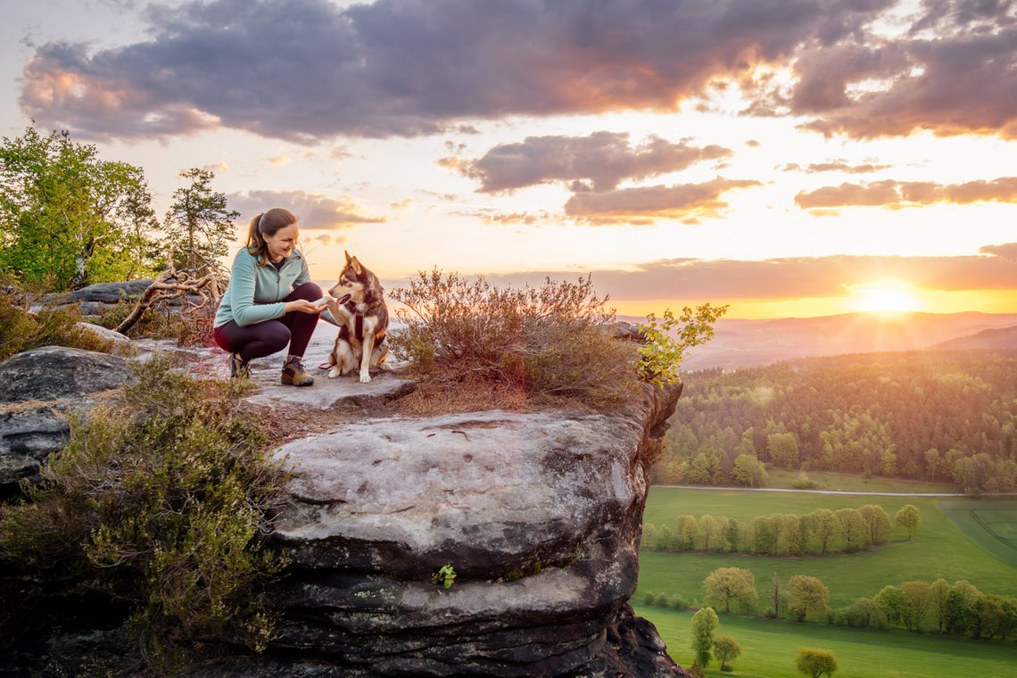 Mischlingshündin und Frauchen im Morgenlicht Sächsische Schweiz