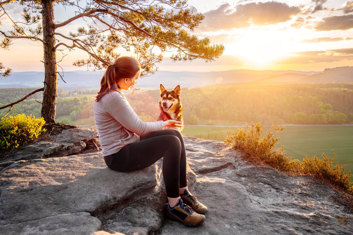 Hund und Frauchen auf Gipfel im Sonnenaufgang Sächsische Schweiz
