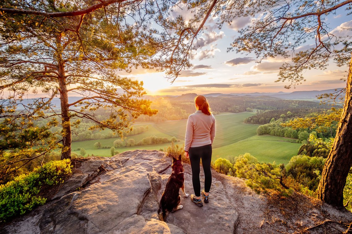 Hund und Frauchen blicken in epischen Sonnenaufgang Sächsische Schweiz