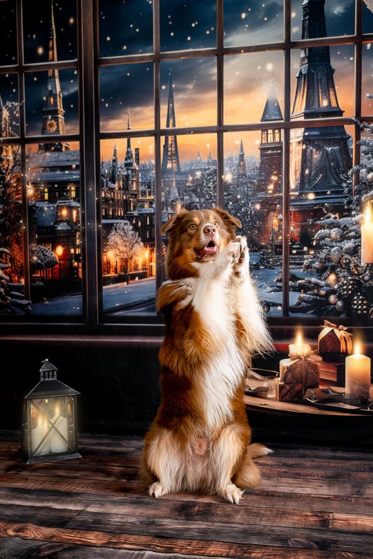 Australian Shepherd in festlicher Weihnachtsfoto Kulisse in Dresden
