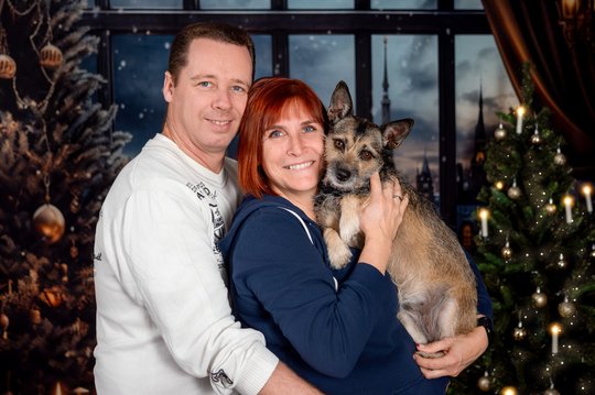 Mischlingshund und Besitzer in weihnachtlicher Fotokulisse