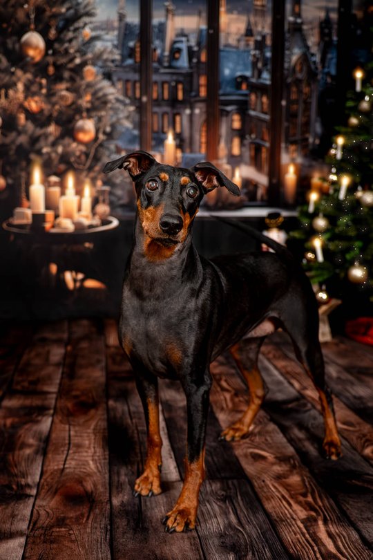 Deutscher Pinscher beim Weihnachts-Fotoshooting in Dresden vor festlicher Kulisse mit Weihnachtsbaum und Kerzen