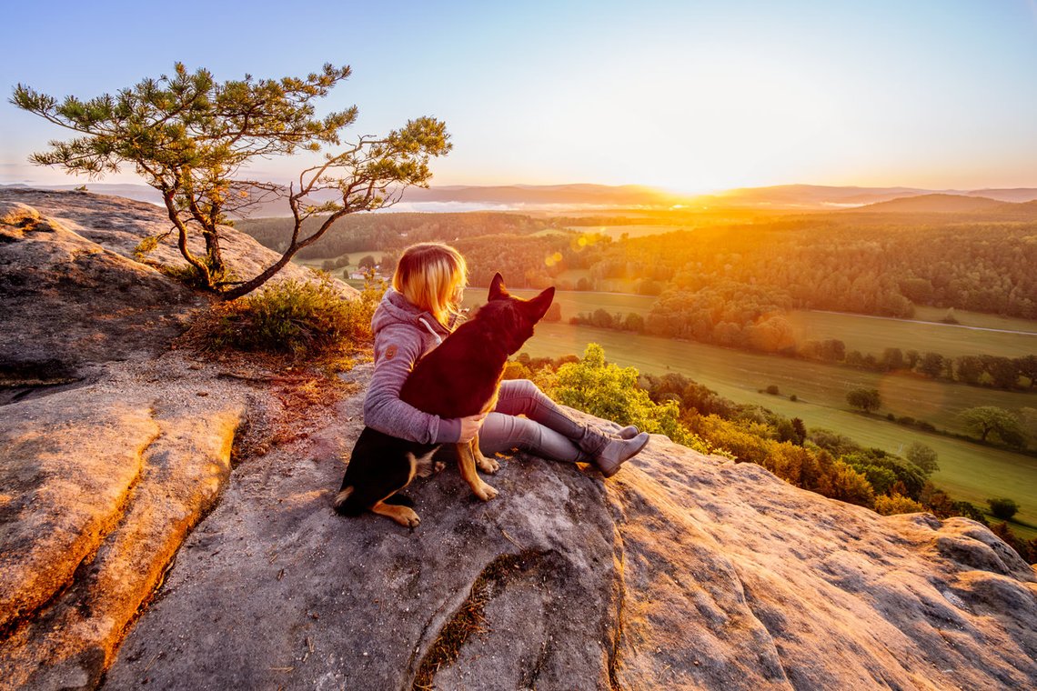 Working Kelpie Rüde und Mensch sitzen im spektakulären Sonnenaufgang in der Sächsischen Schweiz auf dem Gipfel